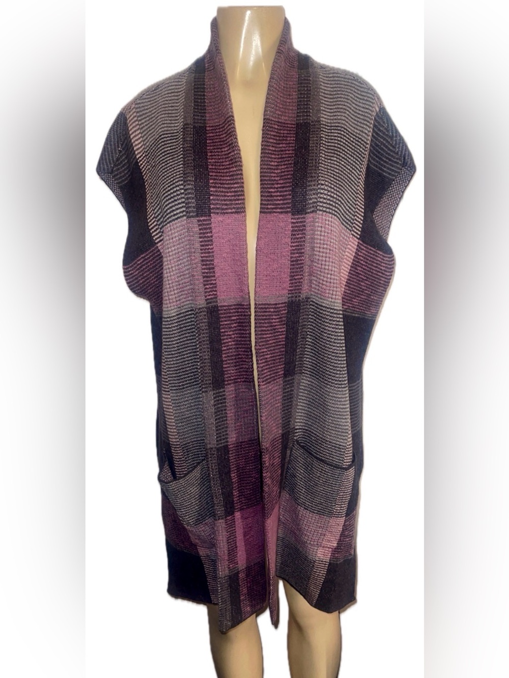 Chaps Plaid Sleeveless Sweater Vest Cardigan Large Mauve Open Front Longline